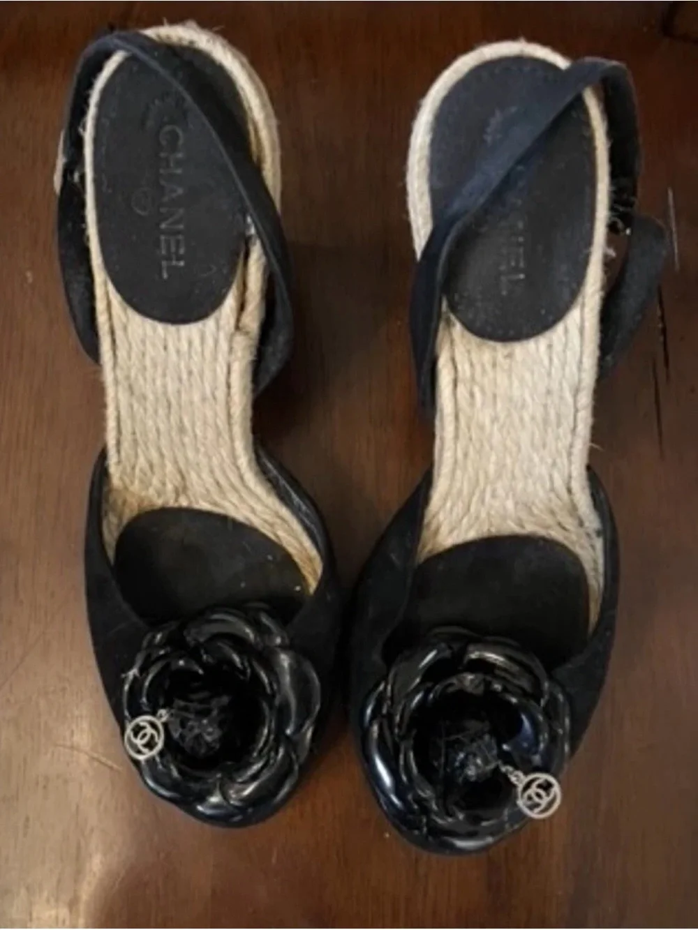 Authentic CHANEL Black Camellia Espadrille Slingback Sandals 37